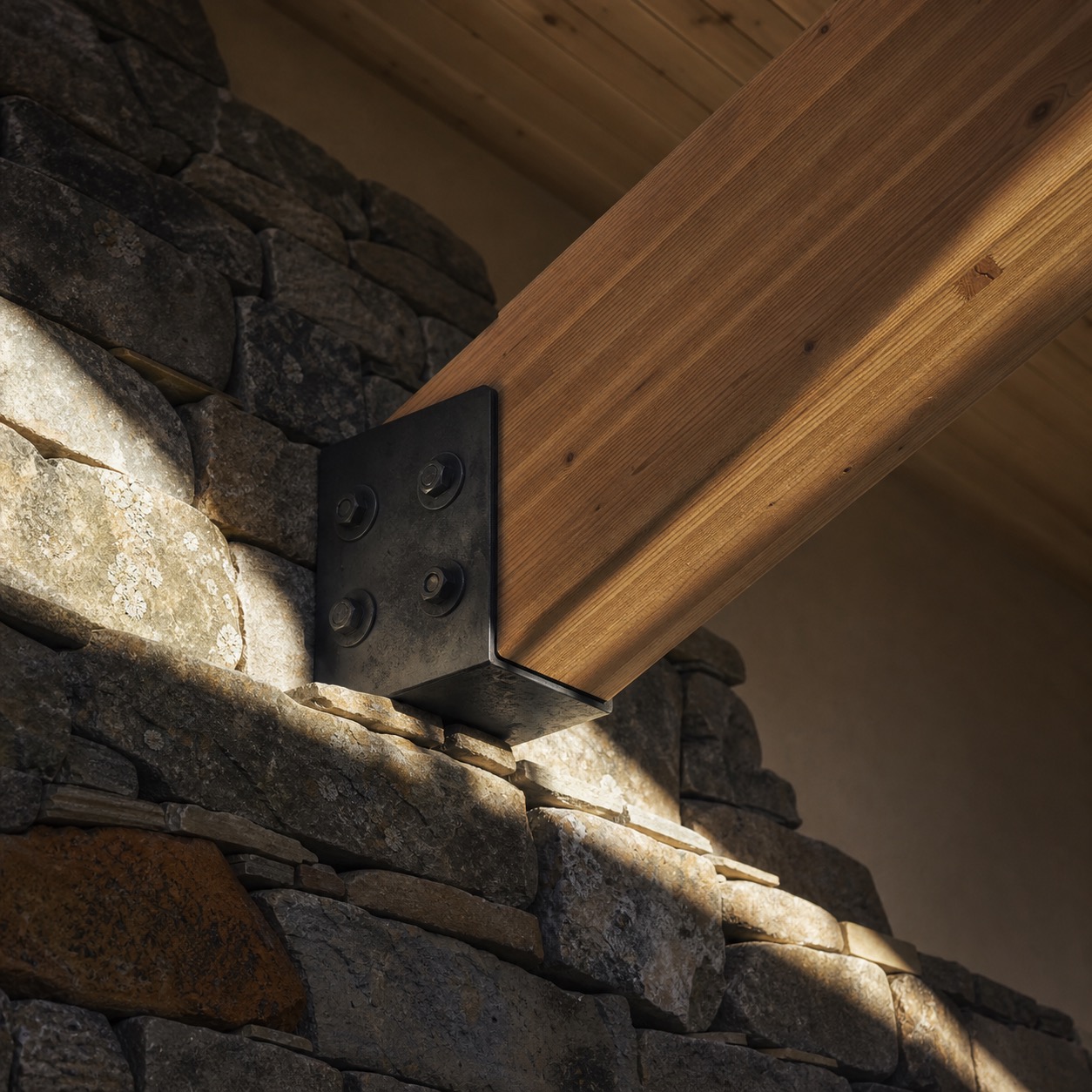 Stone wall and timber ceiling detail