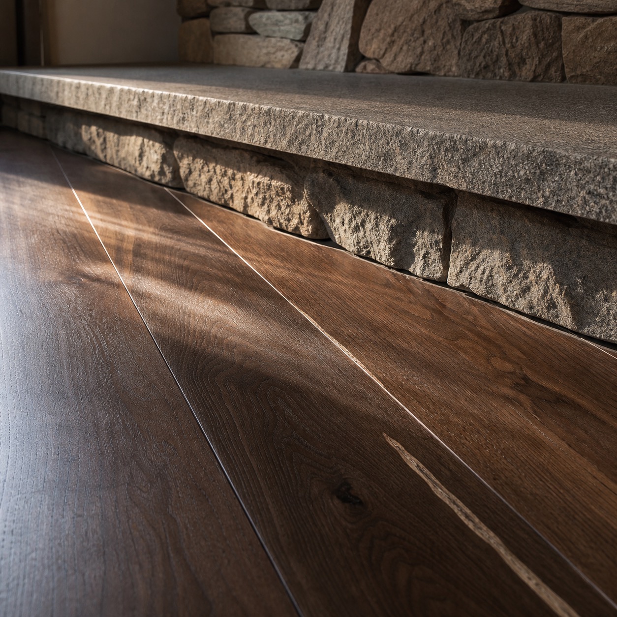 Walnut floors and hearth detail